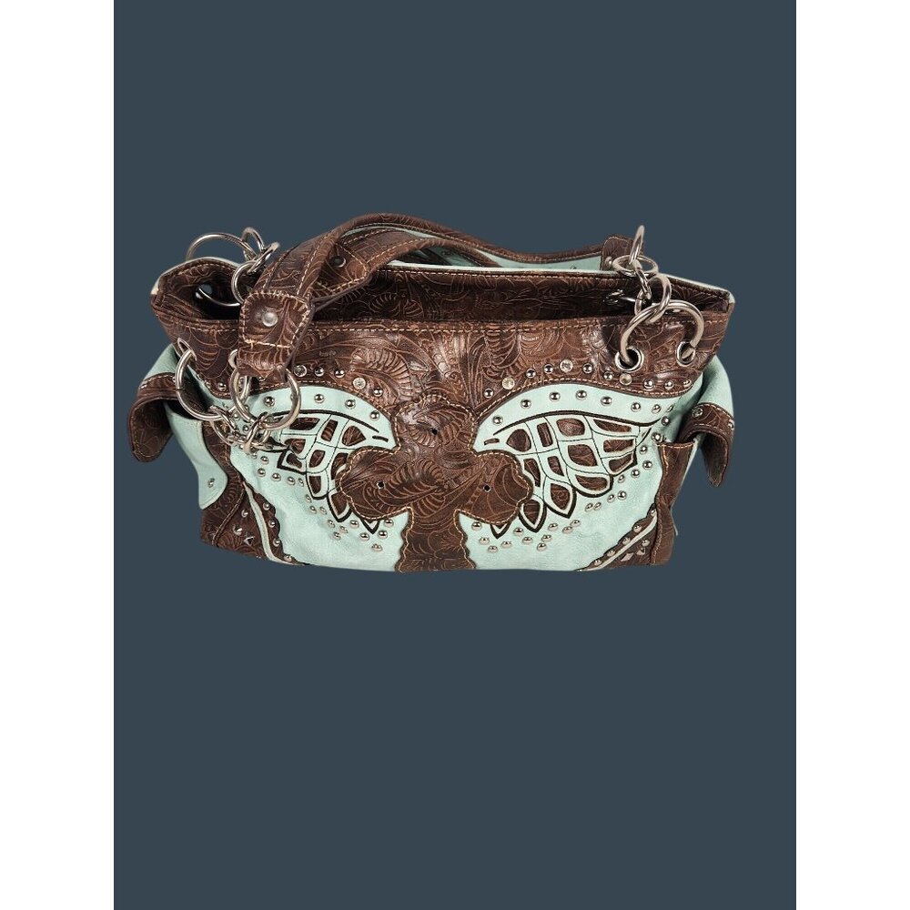 Western Conceal & Carry Satchel Bag Studded Cross w Wings Teal & Brown M/L